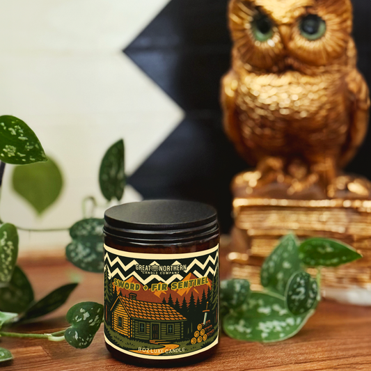 Leather and Cognac Candle Sword and Fir Sentinel