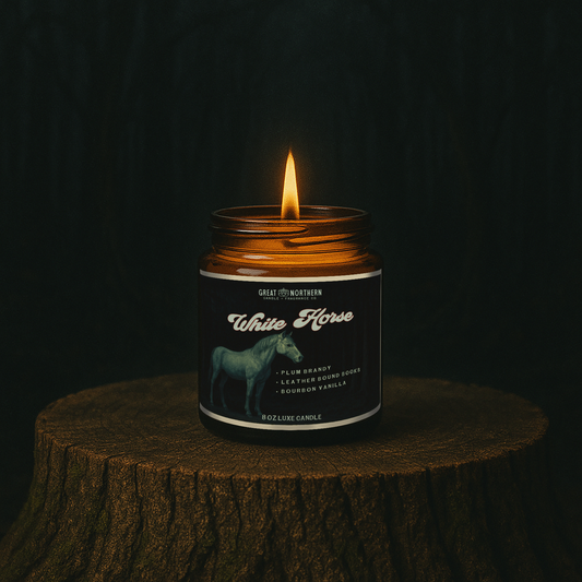 The White Horse Candle | Plum Brandy + Leather Bound Books + Vanilla + Rose