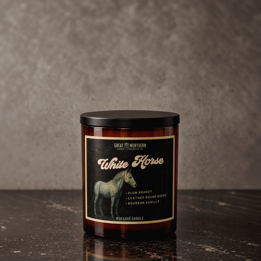 White Horse Candle | Plum Brandy + Leather Bound Books + Vanilla + Rose
