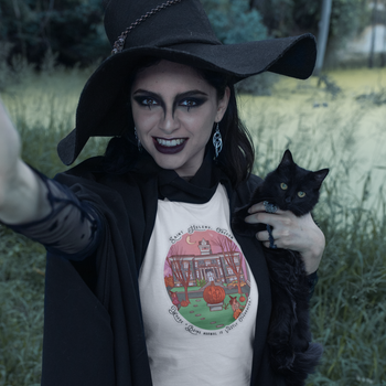 Woman dressed in Witch Costume wearing our Halloweentown Tee