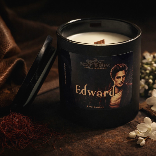 Candle in a black container with 'Edward' branding on a dark background