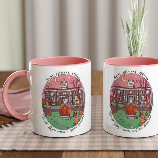 White Ceramic Mug with Pink Interior and Handle Vastly Overrated Halloweentown ©Bookhouse Girl