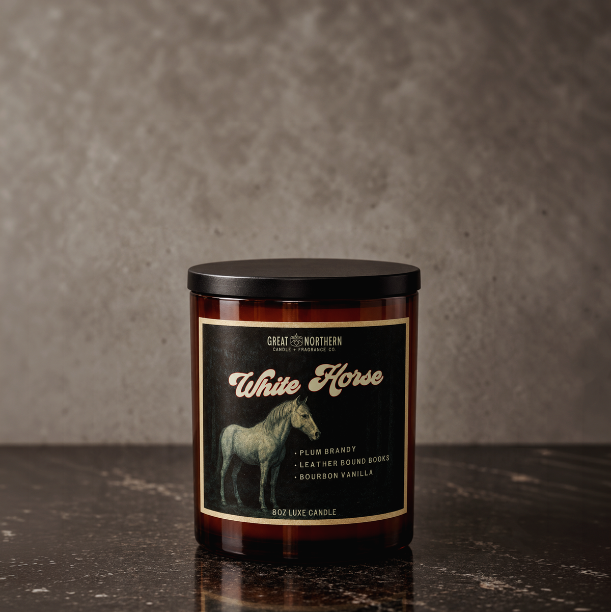 White Horse Candle | Plum Brandy + Leather Bound Books + Vanilla + Rose